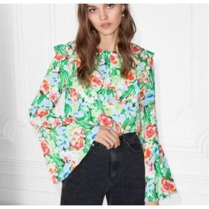 & Other Stories Blouse Paris Atelier 12 Floral Ruffle Trim Long Bell Sleeve Top